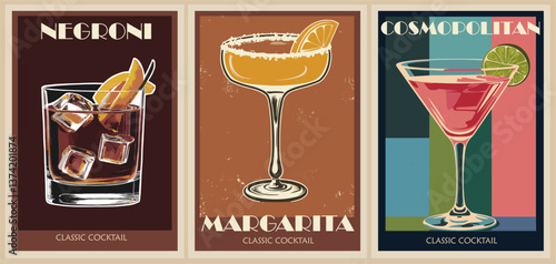 Cocktails retro poster set. Negroni, Margarita, Cosmopolitan. Collection of popular alcohol drinks. Vintage style vector illustrations, bar, pub, restaurant, kitchen wall art print