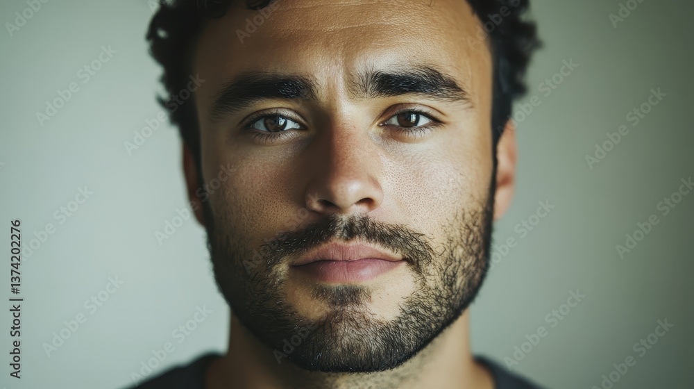 Fototapeta premium Ultra-detailed passport-style portrait of a man, subtly blending features from diverse individuals of different ethnic backgrounds, clean-shaven and with various hairstyles