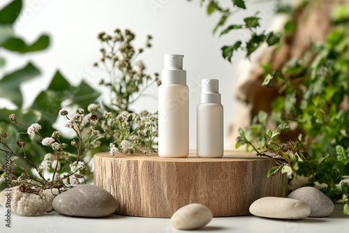 product photography mockups of various skincare essences white shampoo, cream, serum, oil,  containers set on a wooden podium in the gradient herbal background. mockup 