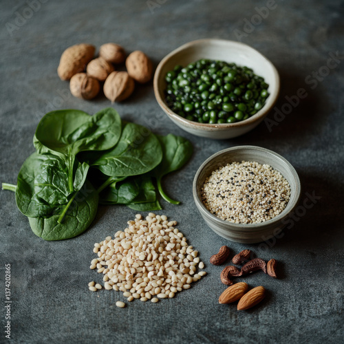 A realistic photograph focusing on magnesium-rich foods. The table includes deep green vegetables like spinach, a variety of nuts and seeds, quinoa, brown rice, and legumes. 