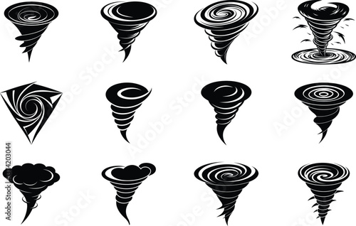 Tornado Icons Vortex, Cyclone, Whirlwind, Spiral, Twister Illustrations