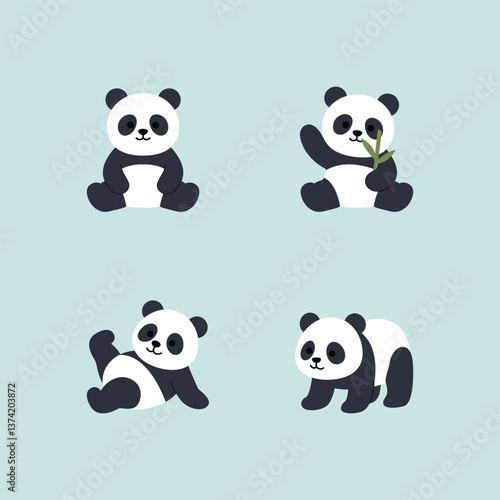 Cute panda flat design collection, vector illustration
