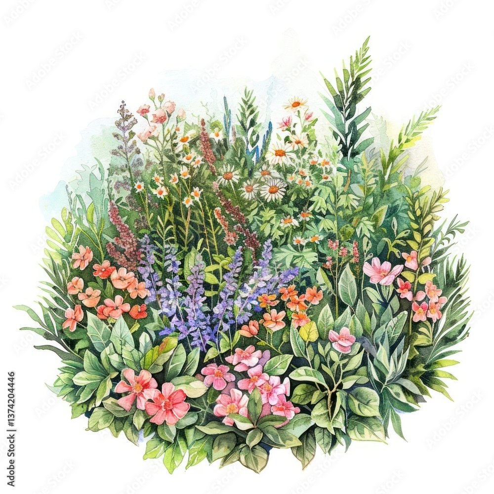 An isolated forest flowers garden front view art illustration watercolor. An isolated forest flowers garden front view art illustration watercolor.