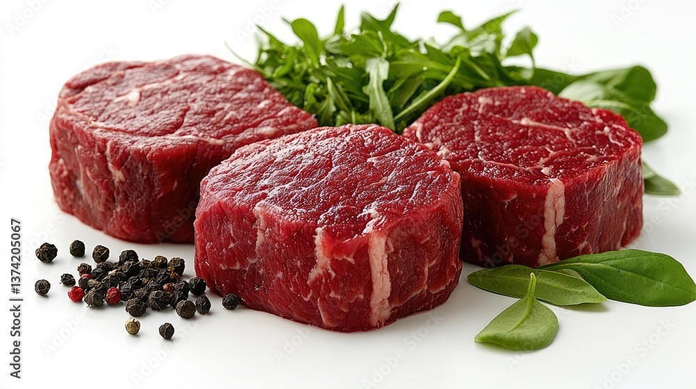 Three uncooked raw beef steaks accompanied by fresh greens and peppercorns Three uncooked raw beef steaks accompanied by fresh greens and peppercorns