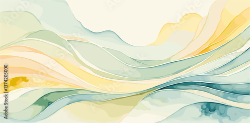Abstract watercolor background with pastel yellow and green waves. Vector illustration