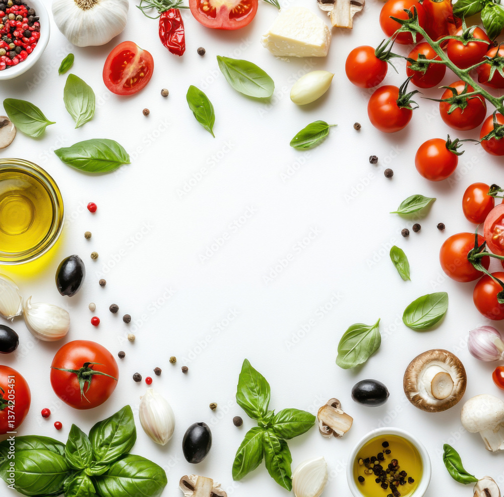 A white background with a flat lay of fresh vegetables, like tomatoes and basil leaves, along the bottom A white background with a flat lay of fresh vegetables, like tomatoes and basil leaves, along the bottom