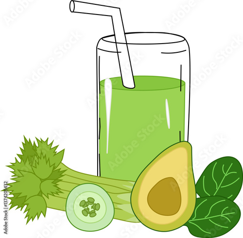 National Green Juice Day vector composition. Flat Healthy green vegetable and fruit juice vector. Glass of green smoothie with vegetables icon. Green Juice Day Poster