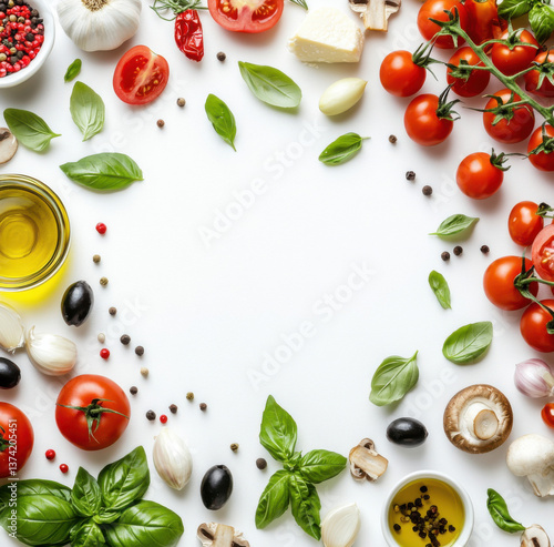 A white background with a flat lay of fresh vegetables, like tomatoes and basil leaves, along the bottom 