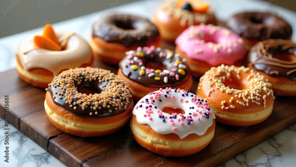 Donuts with various colors, textures, and toppings. Donuts with various colors, textures, and toppings.