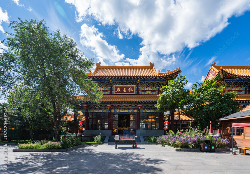 Naklejka premium Landscape of Zhengjue Temple, Liudingshan cultural tourism area, Dunhua, Jilin Province 