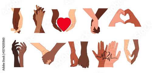 Two hands holding together set. Human fingers, couple palms touching, gesturing, heart shape. Support, love relationship concept. Flat colored outline vector illustration isolated