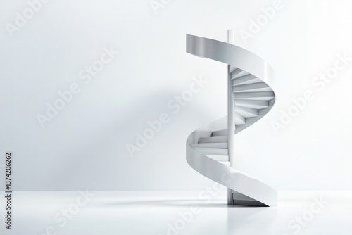 clean white backdrop adorned with single metal spiral staircase ascending casting soft shadows modern architectural