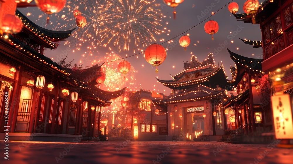 Fototapeta premium New Year's Eve, lanterns, a small number of Chinese style buildings, a small amount of fireworks, flowing gold, overall red tone, high-definition and simple 3D, large spatial scene, with a ground in f