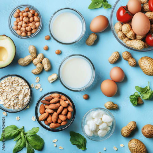 baby food, all food fruits milk or vegetable or cereal, aesthetic, fresh white ang fresh blue ambiance, Peanuts and Eggs and Shrimp, 