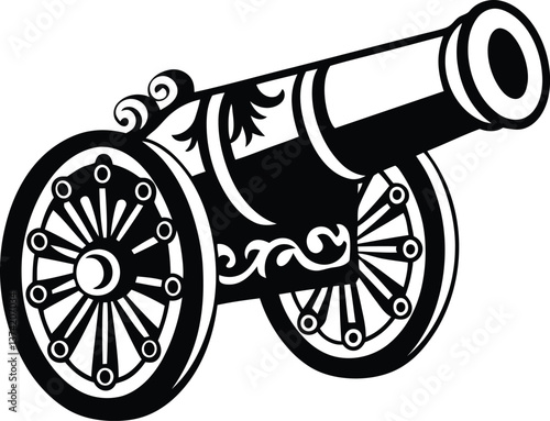 Modern and stylish historic cannon on wheels silhouette vector illustration, historic cannon on wheels isolated line art vector design