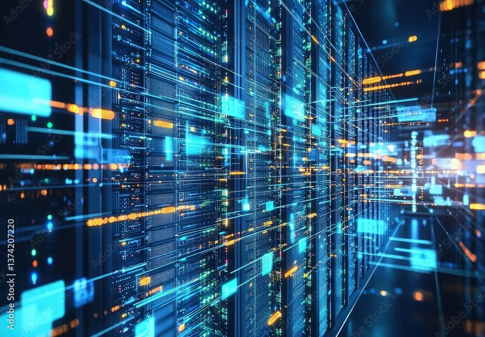 Fototapeta premium Dynamic 3D render of a high-speed data center with glowing connections and digital energy, perfect for network performance, cloud systems, and futuristic tech themes