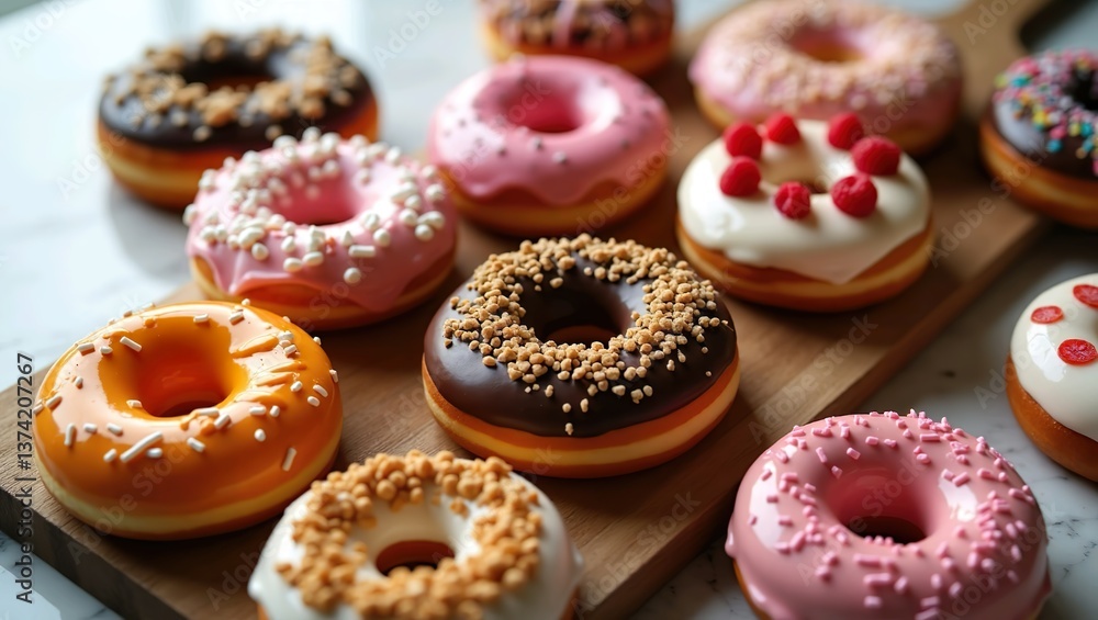 Donuts with various colors, textures, and toppings. Donuts with various colors, textures, and toppings.