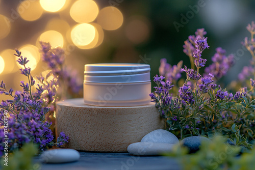 product photography mockups of various skincare essences transparent shampoo, cream, serum, oil,  containers set on a wooden podium in the gradient herbal background. mockup 
