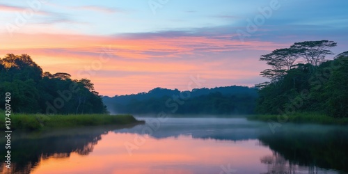 Wallpaper Mural A beautiful river with a pink and orange sky in the background. The water is calm and still, reflecting the colors of the sky. The scene is peaceful and serene Torontodigital.ca