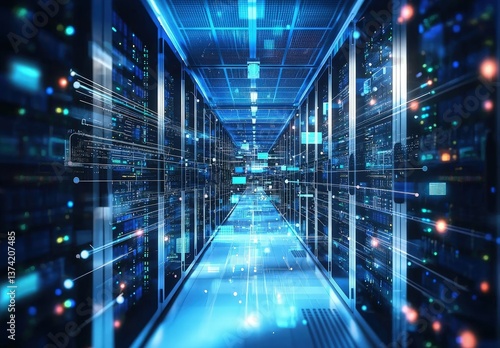 High-tech 3D render of a futuristic data center with digital light trails  ideal for illustrating fast networking  cloud computing  and modern server environments