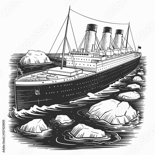 Historic Ocean Liner Navigating Iceberg Waters Illustration