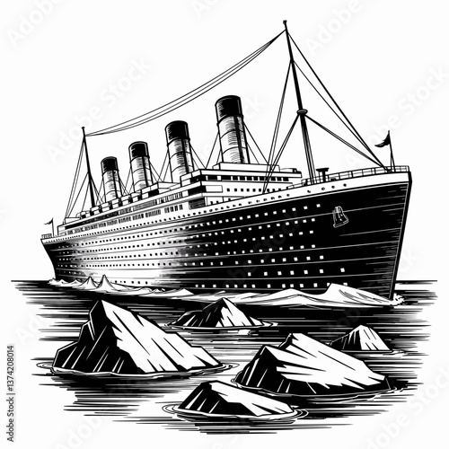 Historic Ocean Liner Navigating Iceberg Waters Illustration