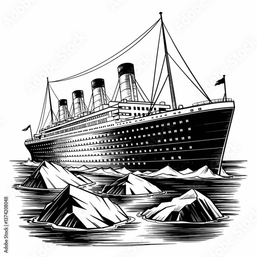 Historic Ocean Liner Navigating Iceberg Waters Illustration