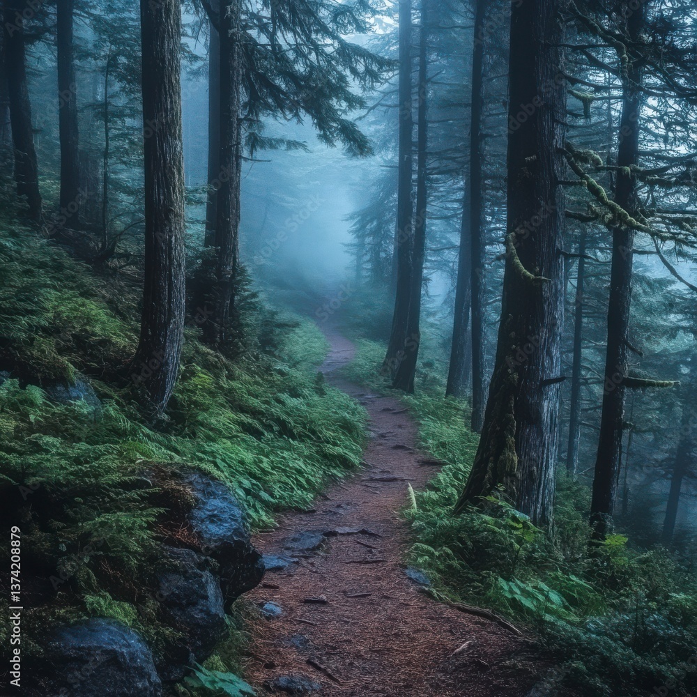 Fototapeta premium Enchanted Forest Pathway in Misty Green Wilderness Overview