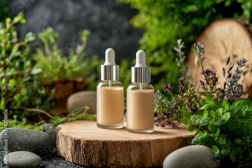 product photography mockups of various skincare essences white shampoo, cream, serum, oil,  containers set on a wooden podium in the gradient herbal background. mockup 