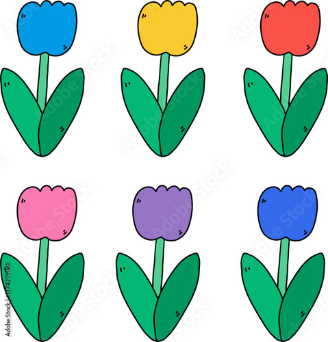 Set of colorful tulip cartoon drawing vector.