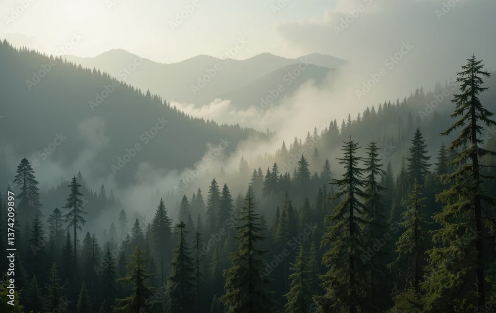 A view of a dense forest with tall evergreen trees and mountains shrouded in mist on a hazy day A view of a dense forest with tall evergreen trees and mountains shrouded in mist on a hazy day