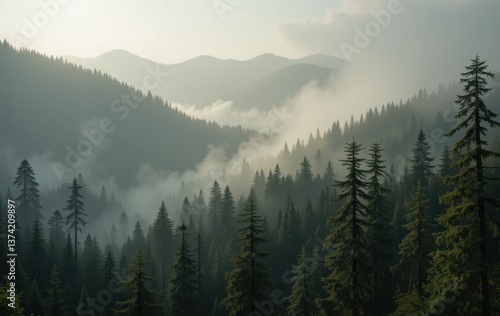 Fototapeta Naklejka Na Ścianę i Meble -  A view of a dense forest with tall evergreen trees and mountains shrouded in mist on a hazy day