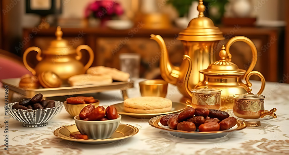 Fototapeta premium Golden Tea Set with Dates and Sweets for Ramadan Feast