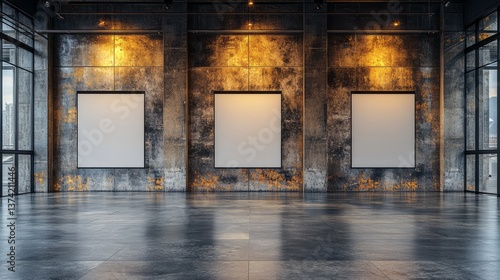 Gallery space features three blank canvases on weathered walls
