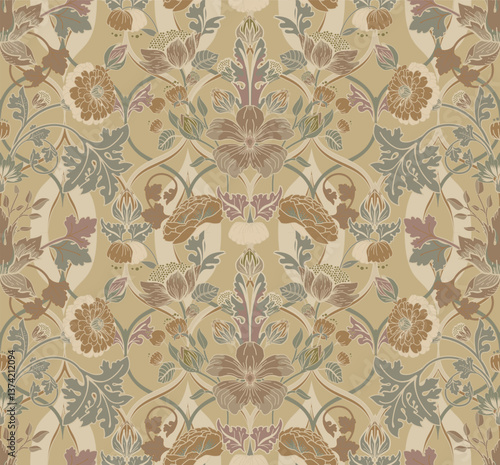 Vintage seamless floral pattern in damask style. For textiles, wallpaper, packaging.