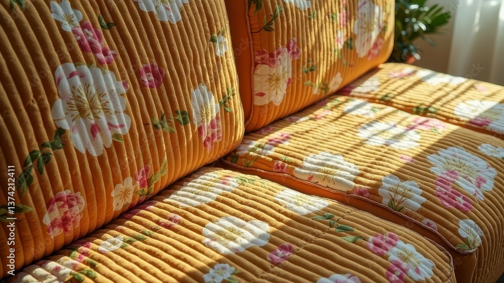 Naklejka premium Vintage floral upholstery on quilted sofa with sunlit flowers