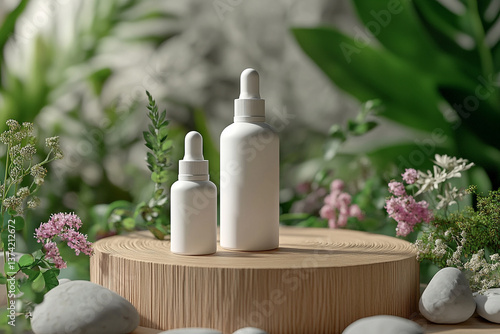 product photography mockups of various skincare essences white shampoo, cream, serum, oil,  containers set on a wooden podium in the gradient herbal background. mockup 