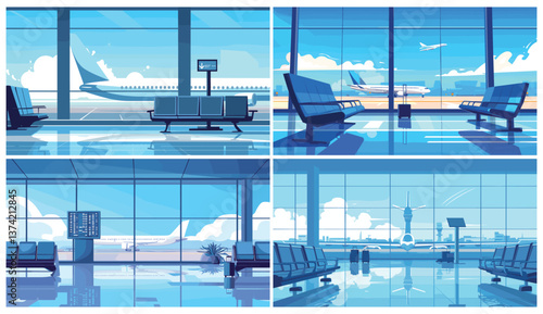 Airport interior. Empty waiting hall terminal with chairs, airplanes in window, departure lounge vector illustration