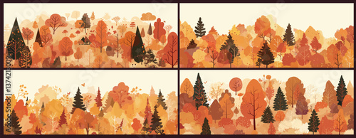 Autumn forest. Watercolor fall panoramic landscape background, orange season woodland trees scene vector illustration