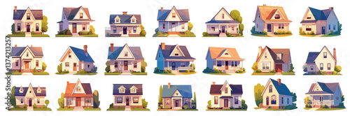 Cottage houses. Cartoon modern suburban home buildings, neighborhood architecture, real estate set vector illustration