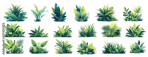 Jungle plants. Tropical leaves grass flora, green summer rainforest exotic nature elements set vector illustration