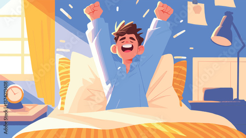Man waking up. Cartoon happy character awake and stretching in bed at early morning vector illustration