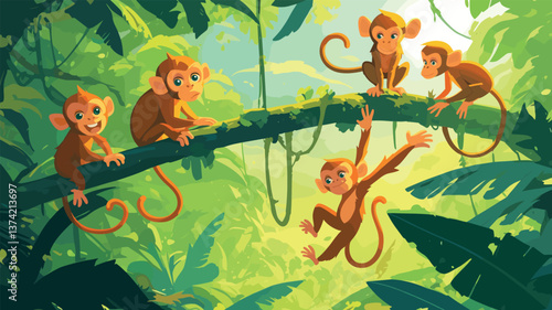 Monkey in jungle. Cartoon cute ape animal characters sitting on branch in rainforest with lianas vector illustration