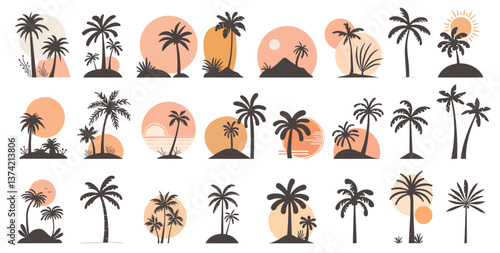 Palm logotypes. Boho abstract minimalistic beach tropical tree, holiday resort logo set vector illustration