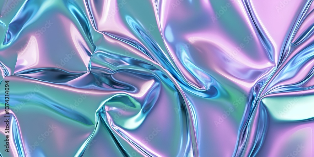 Fototapeta premium A vibrant, iridescent fabric with shimmering folds, showcasing a blend of pastel colors and smooth, reflective surfaces.