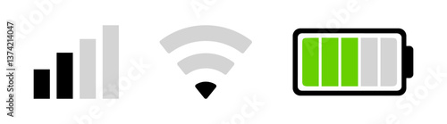 Status bar icon. Phone bar status Icons which includes cellullar, battery and wifi signal strength. 