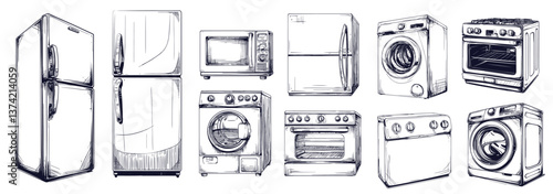 Sketch household appliances. Hand draw fridge oven dishwasher washing machine microwave electronic devices set vector illustration