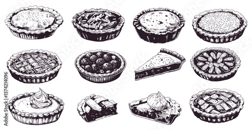 Sketch pies. Hand drawn baking dessert, organic apple pumpkin pie tart, traditional cake, menu set vector illustration