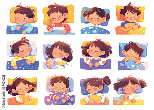 Sleeping kids. Children boys and girls sleep with blanket pillow, night dreaming rest relax set vector illustration
