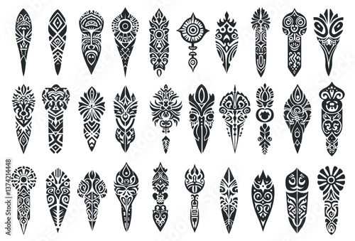 Tribal tattoo. Abstract black silhouette simple ornament, celtic ink decoration set vector illustration